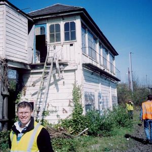 2003, March, first inspection by Trustees and architect. Note toilet on left (added 1963) and access by ladder to the 1st floor.