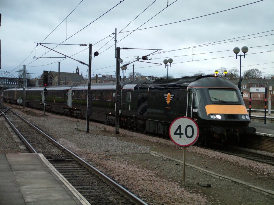 43080 leads the train into York Station Platform 5. The livery of the train can be seen here.