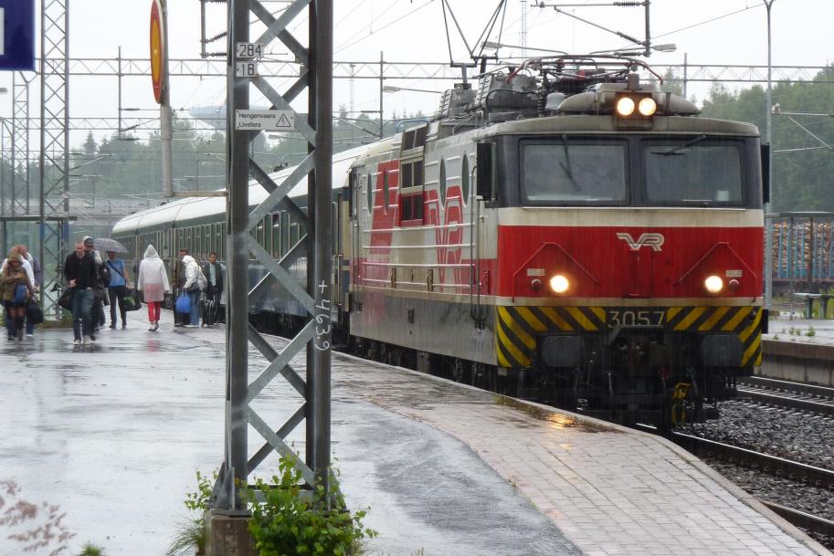 Finnish Sr1 locomotive express train during the rainiest summer (2012) in 10 years